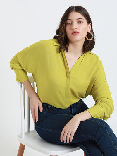 DL Woman Lime Green Oversized Spread Collar Cotton Casual Shirt