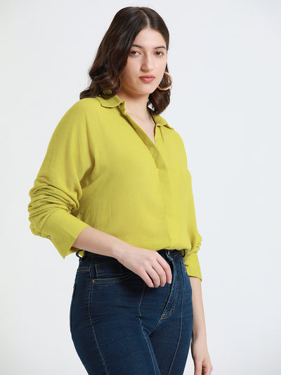 DL Woman Lime Green Oversized Spread Collar Cotton Casual Shirt