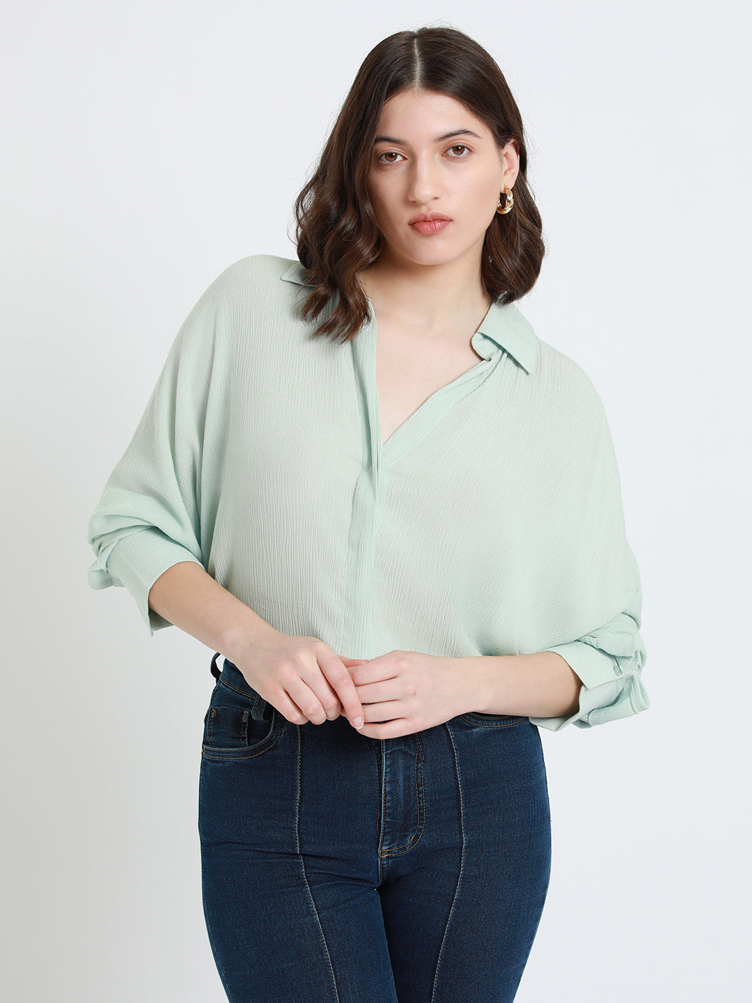 DL Woman Mint Oversized Spread Collar Cotton Casual Shirt