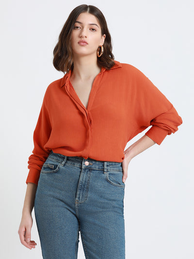 DL Woman Rust Oversized Spread Collar Cotton Casual Shirt