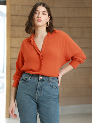 DL Woman Shirt Collar Relaxed Fit Solid Rust Shirt