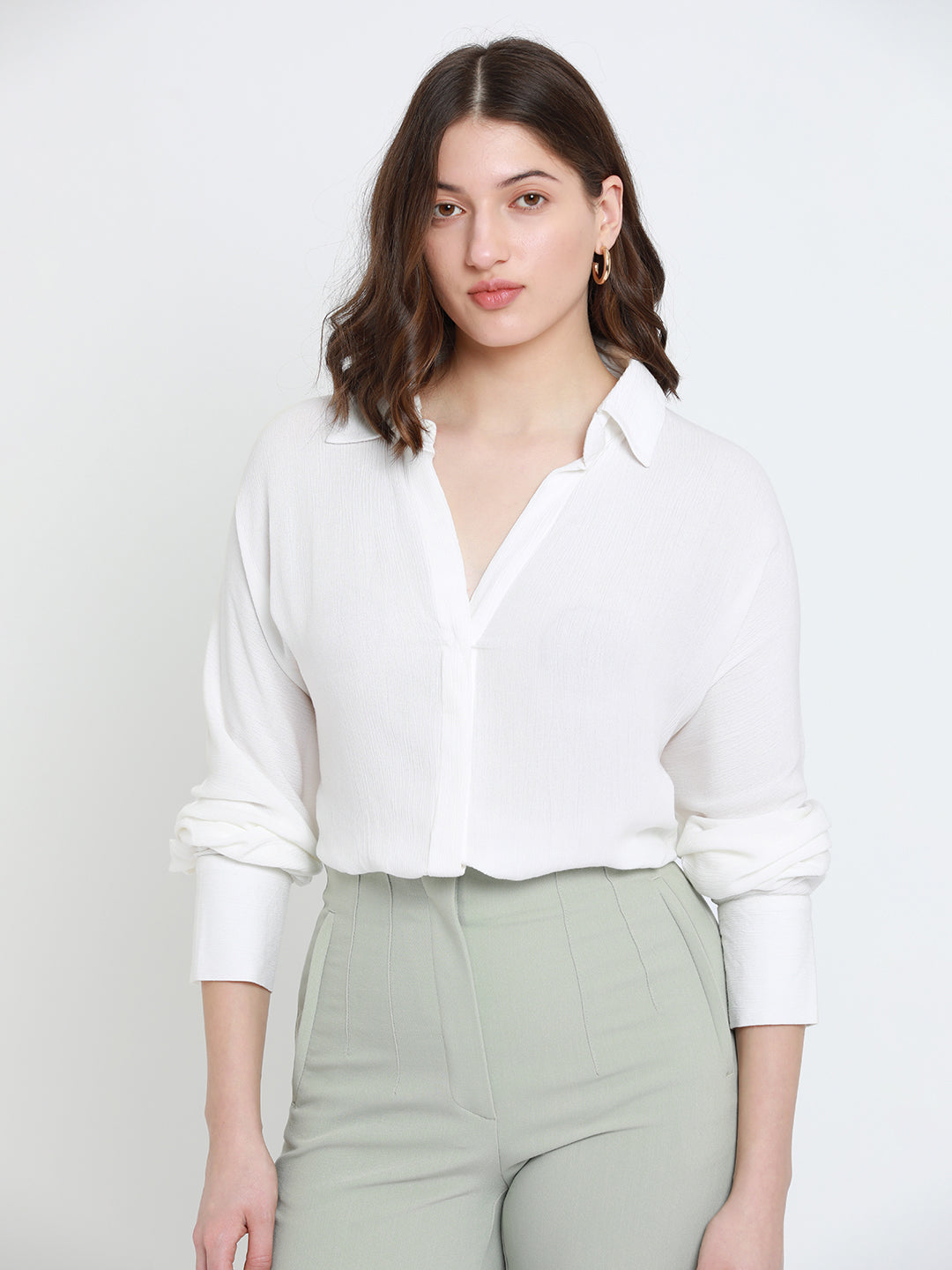 DL Woman White Self Design Raglan Sleeves Oversized Casual Shirt