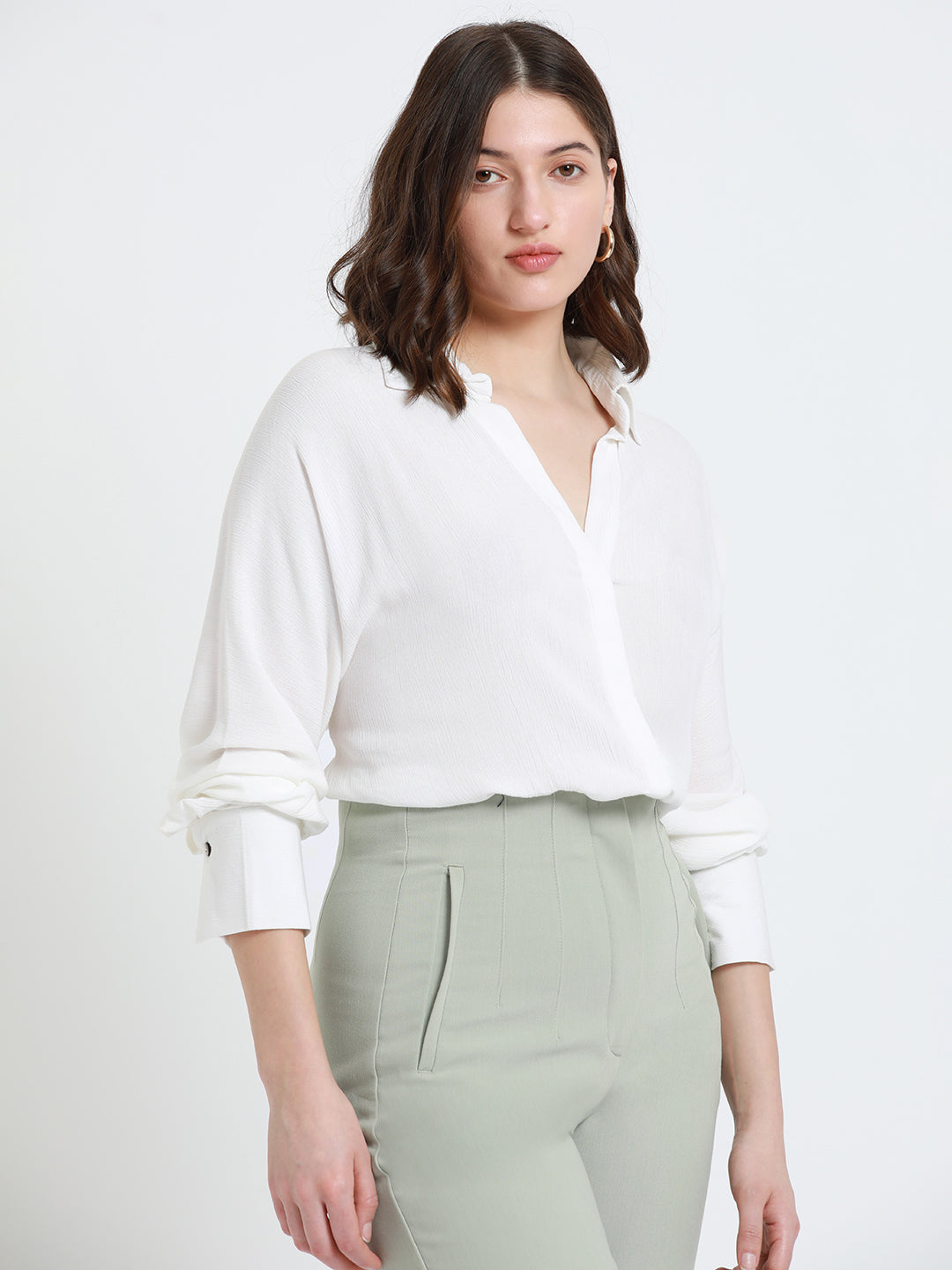 DL Woman White Self Design Raglan Sleeves Oversized Casual Shirt