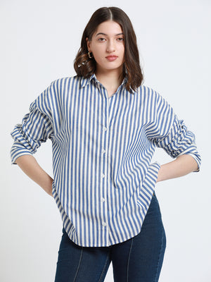 Cobalt Blue Relaxed fit Striped Cotton Casual Shirt