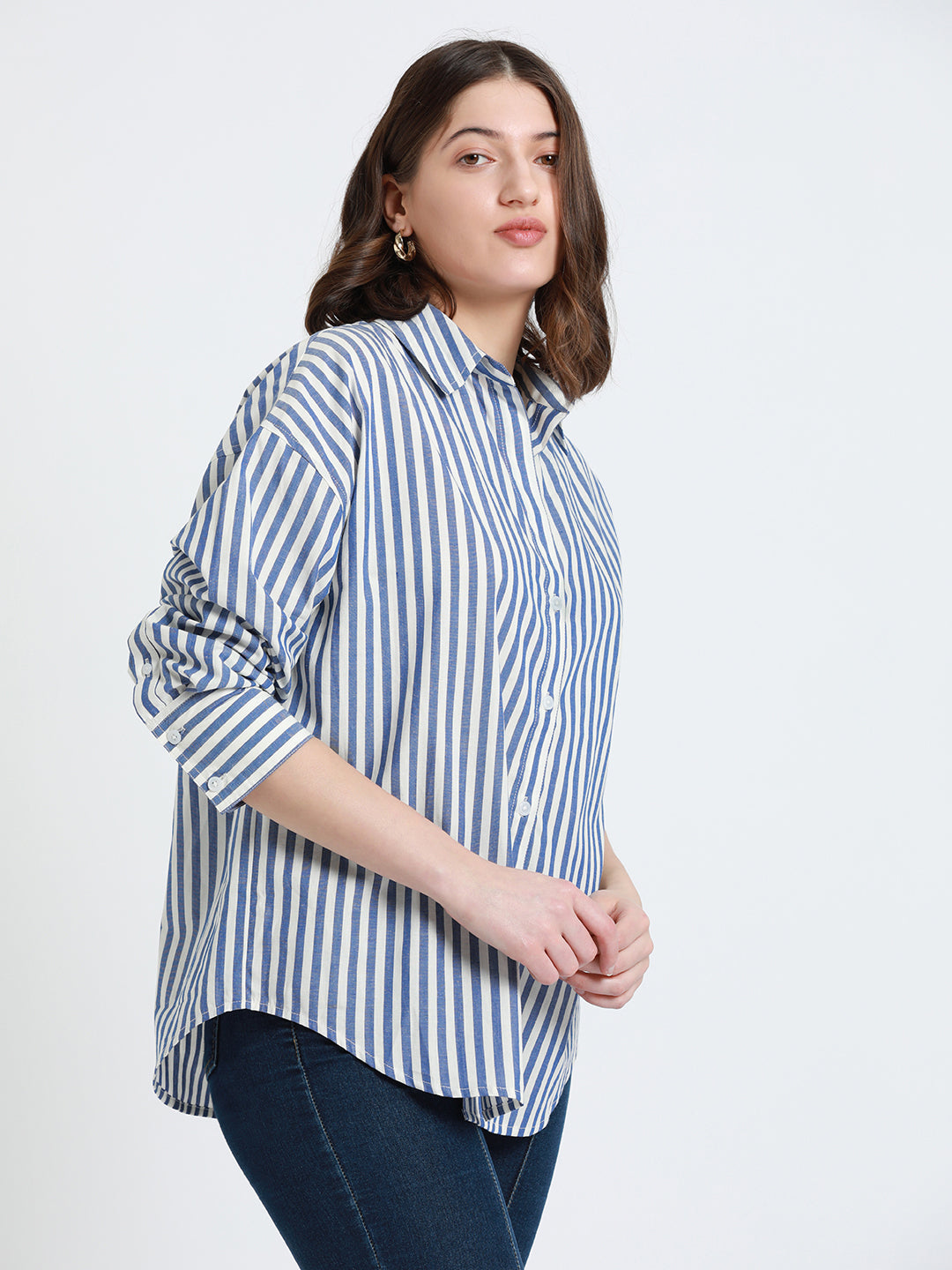 Cobalt Blue Relaxed fit Striped Cotton Casual Shirt