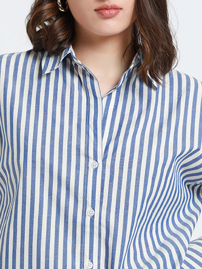 DL Woman Cobalt Blue Relaxed fit Striped Cotton Casual Shirt