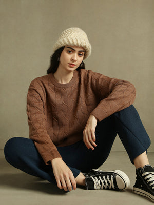 Round Neck Solid Khaki Full Sleeves Pullover Sweater