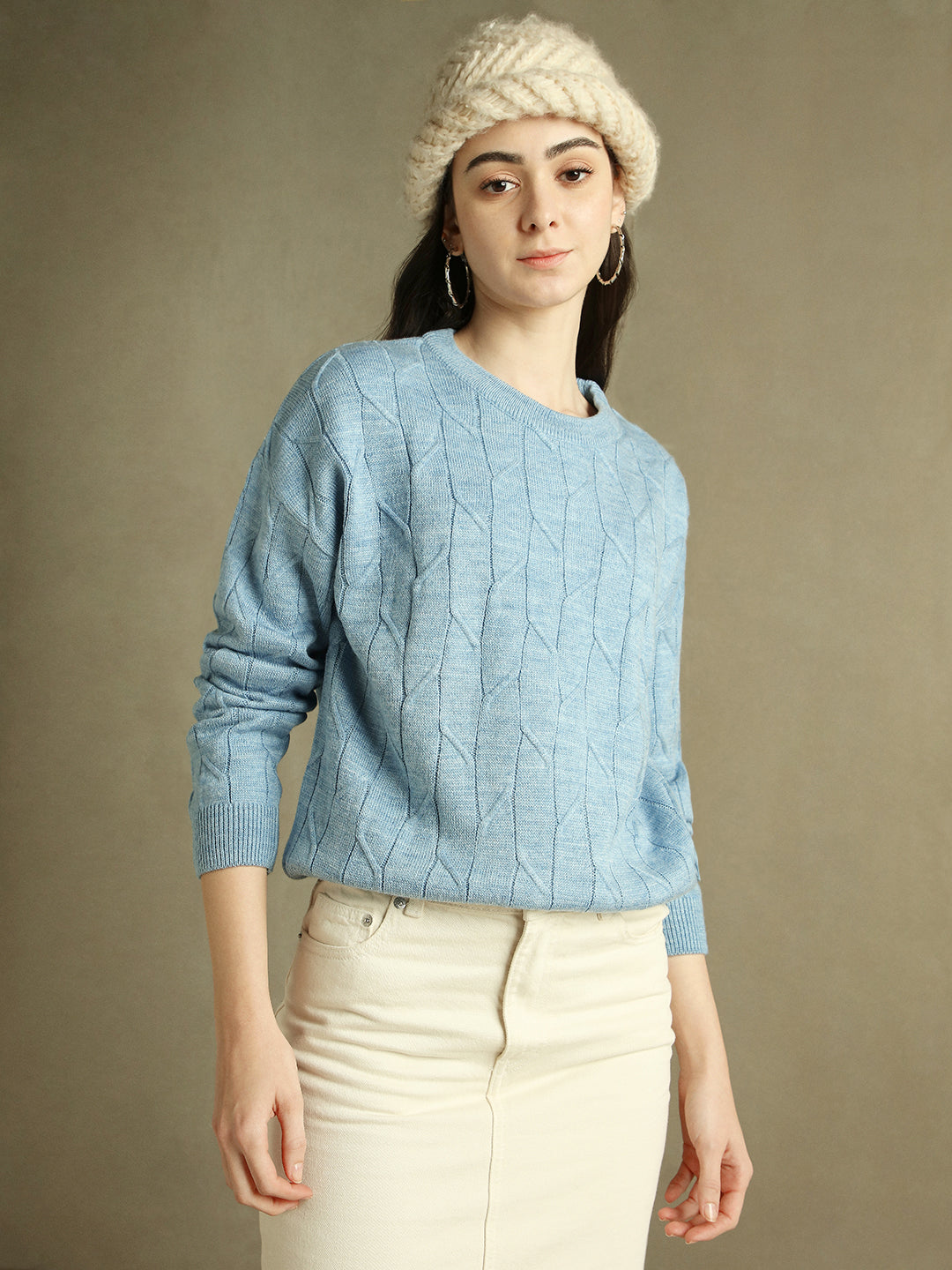 Round Neck Solid Light Blue Full Sleeves Pullover Sweater