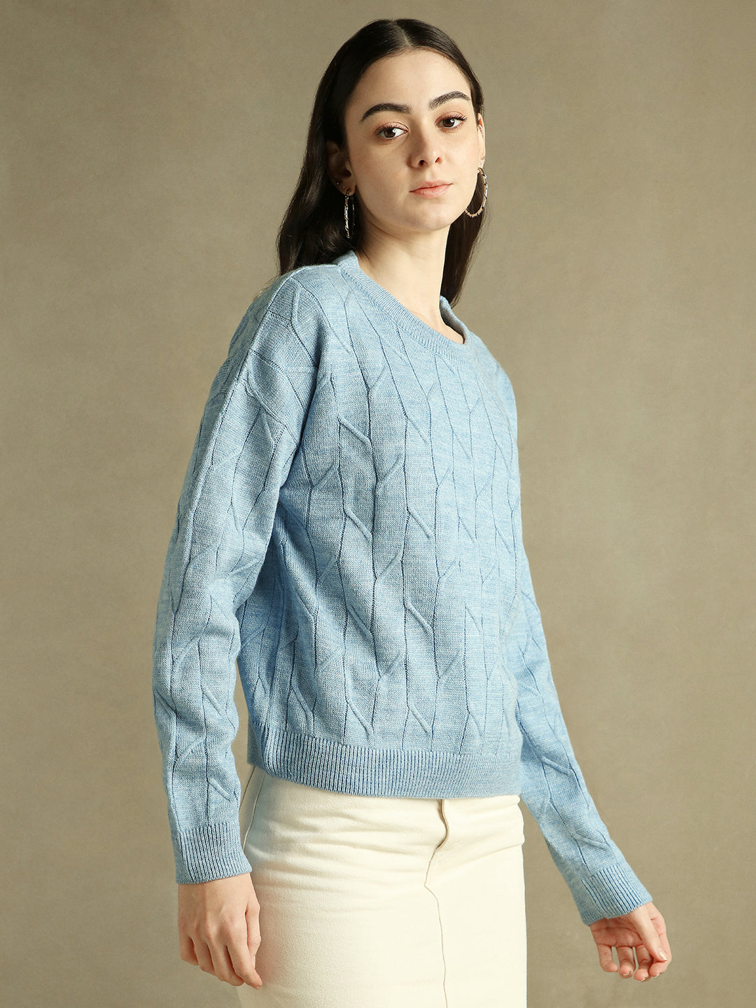 Round Neck Solid Light Blue Full Sleeves Pullover Sweater