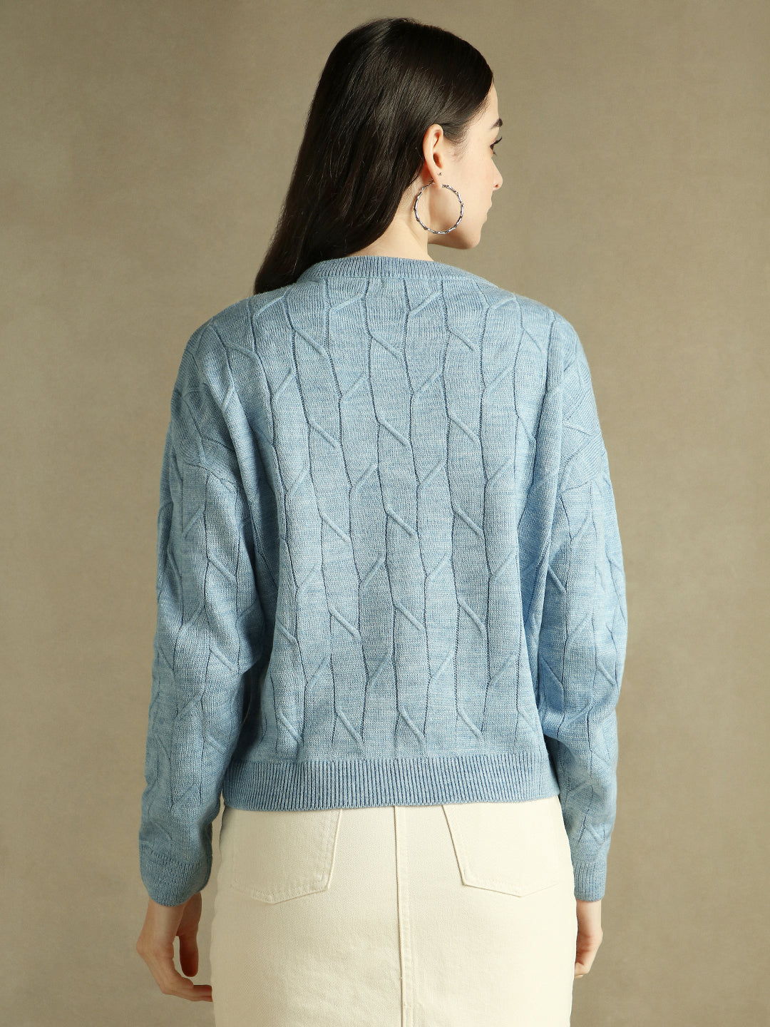 Round Neck Solid Light Blue Full Sleeves Pullover Sweater