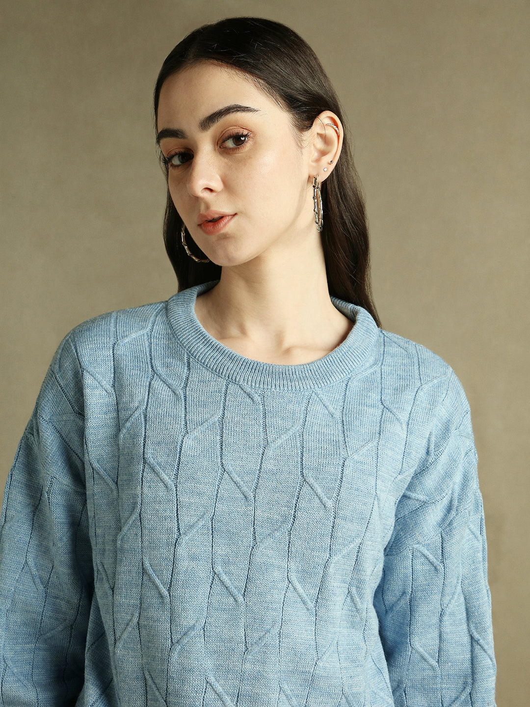 Round Neck Solid Light Blue Full Sleeves Pullover Sweater