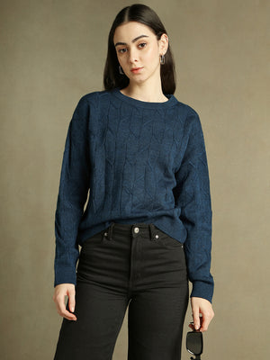 Round Neck Solid Mid Blue Full Sleeves Pullover Sweater