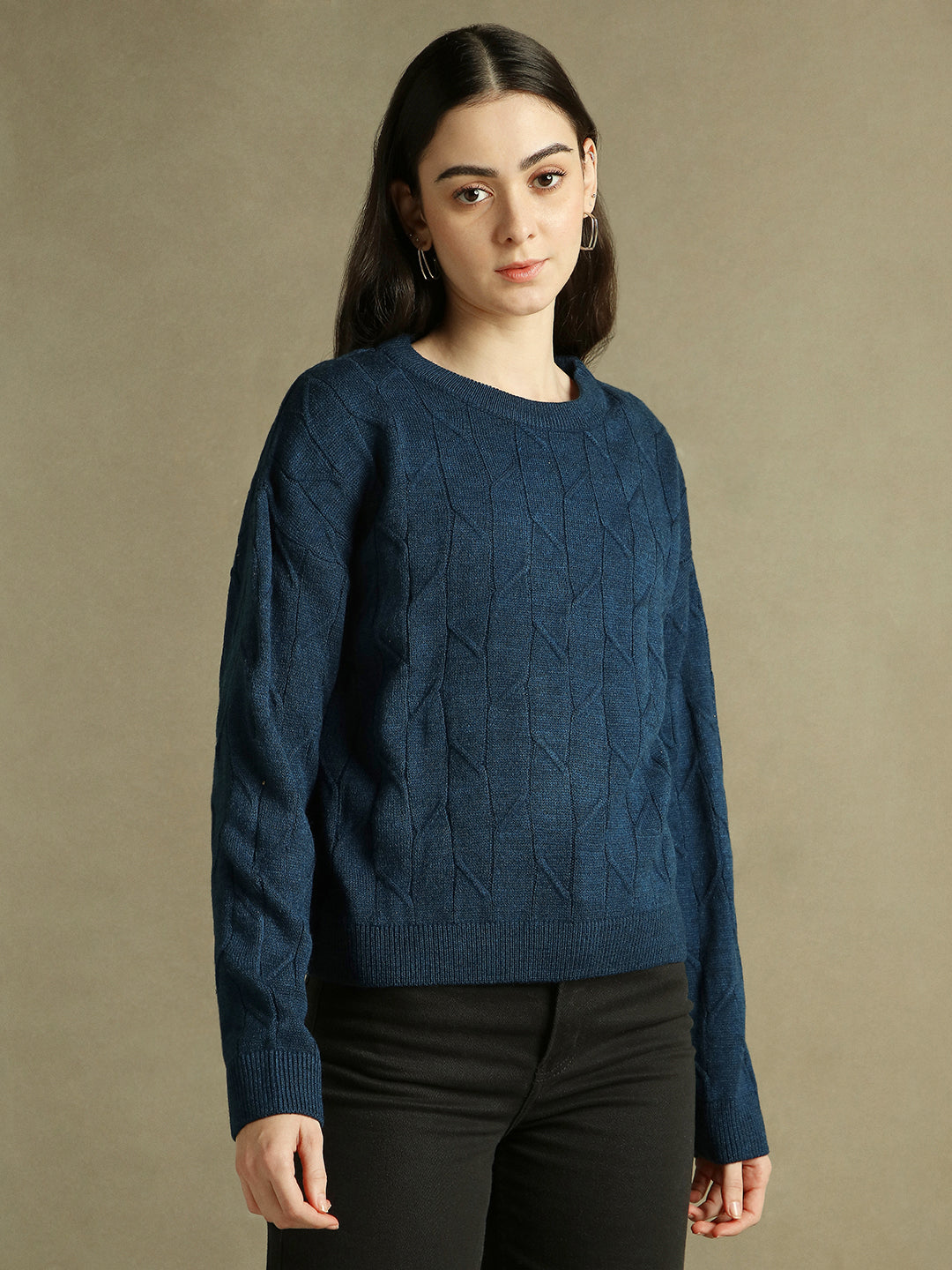 Round Neck Solid Mid Blue Full Sleeves Pullover Sweater