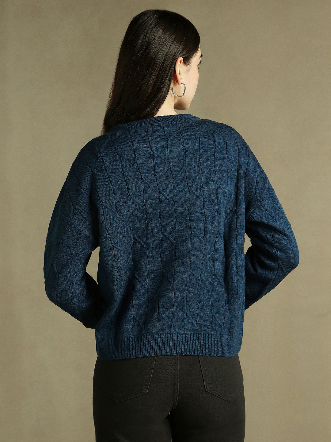 Round Neck Solid Mid Blue Full Sleeves Pullover Sweater