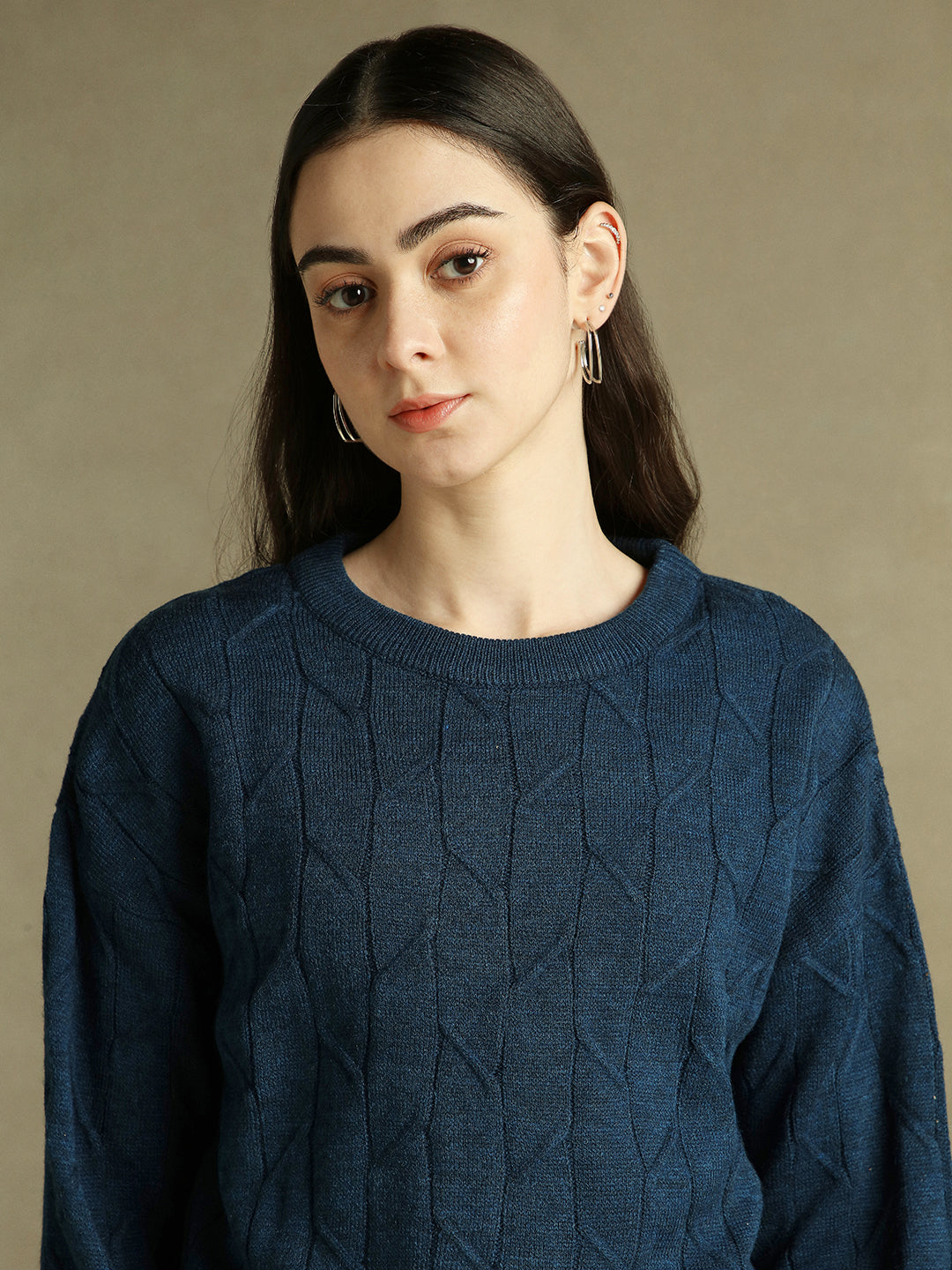 Round Neck Solid Mid Blue Full Sleeves Pullover Sweater