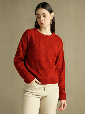 Round Neck Solid Rust Full Sleeves Pullover Sweater