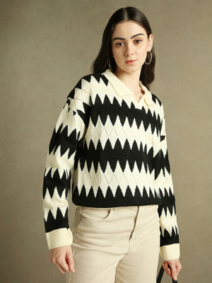 Shirt Collar Striped Black Full Sleeves Pullover Sweater