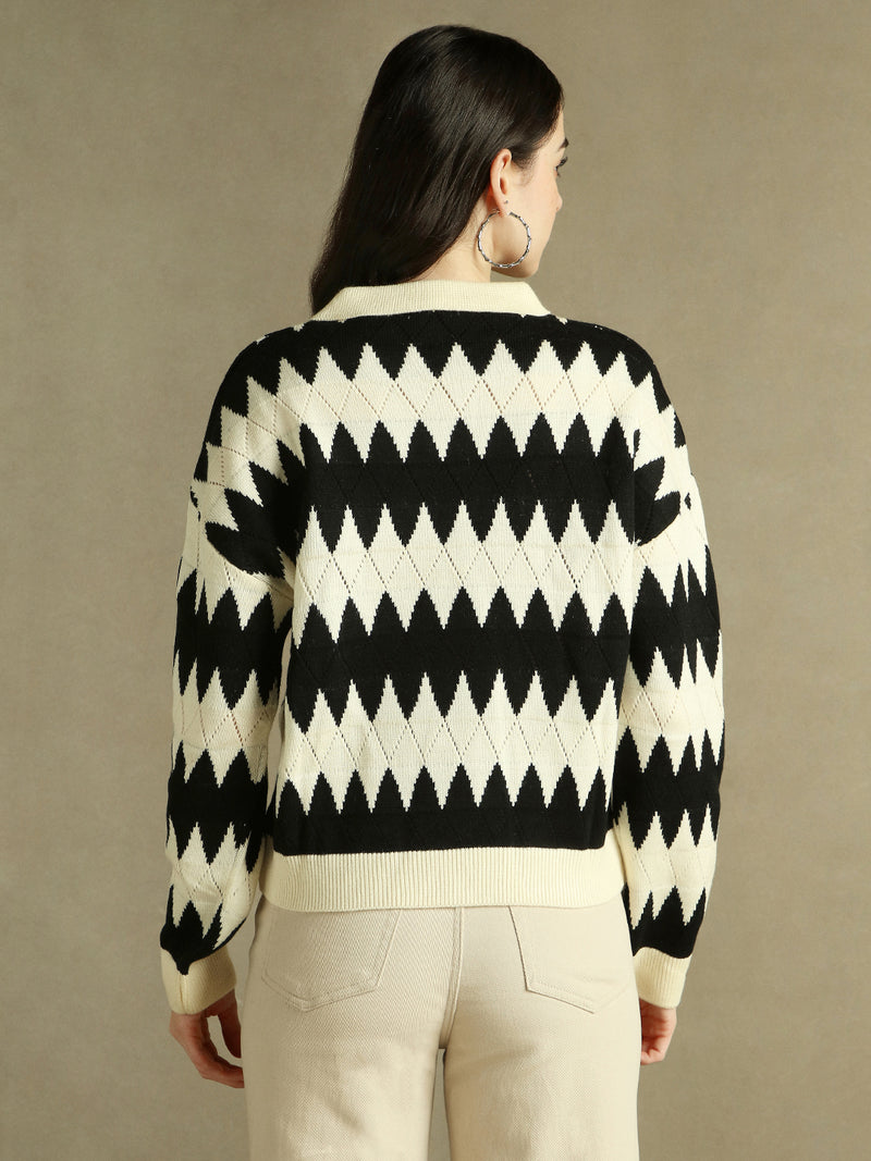 DL Woman Shirt Collar Striped Black Full Sleeves Pullover Sweater