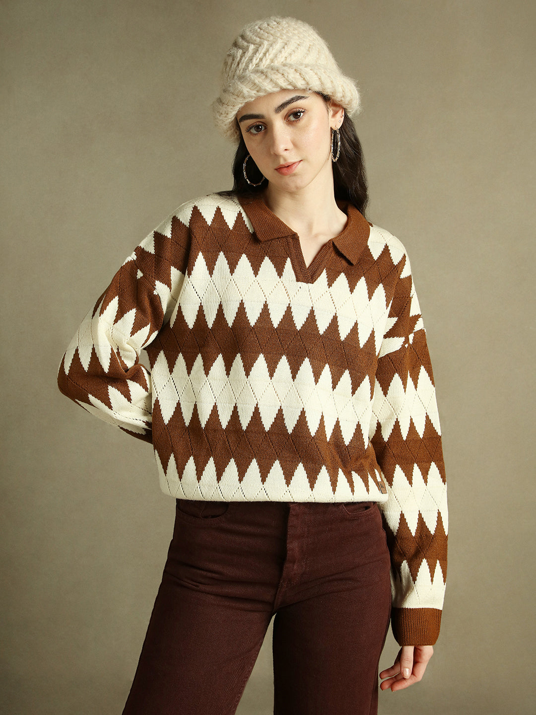 Shirt Collar Striped Brown Full Sleeves Pullover Sweater