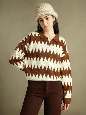 Shirt Collar Striped Brown Full Sleeves Pullover Sweater
