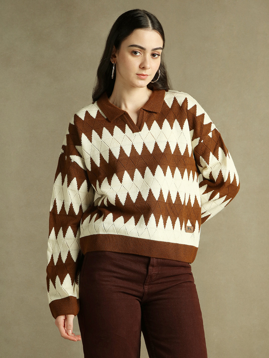 Shirt Collar Striped Brown Full Sleeves Pullover Sweater