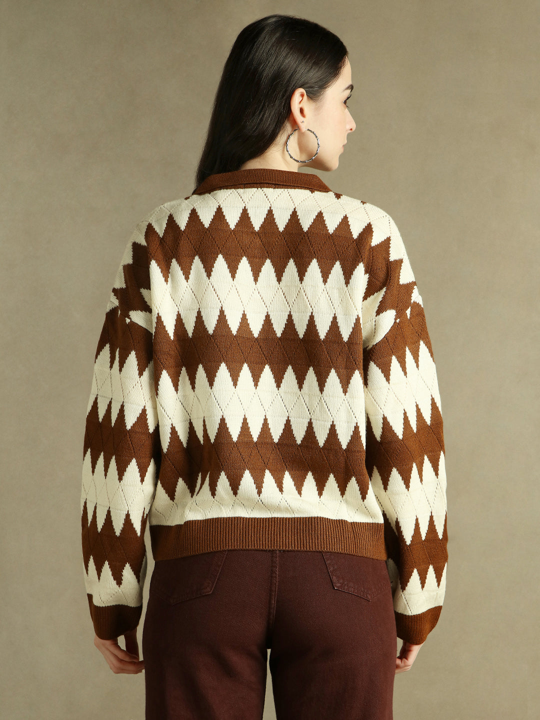 Shirt Collar Striped Brown Full Sleeves Pullover Sweater