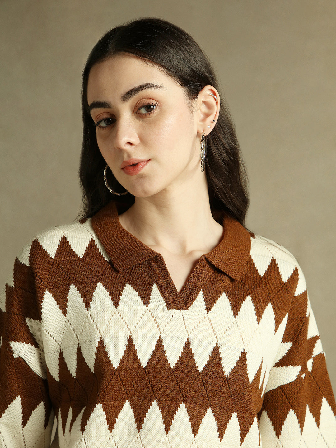 Shirt Collar Striped Brown Full Sleeves Pullover Sweater