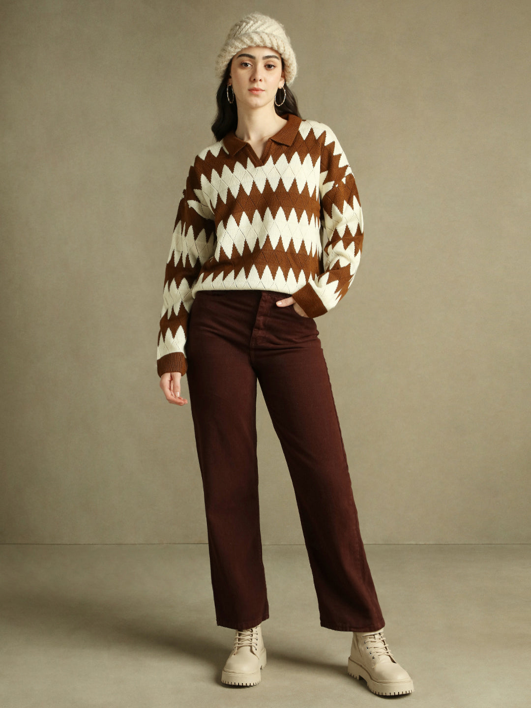 Shirt Collar Striped Brown Full Sleeves Pullover Sweater