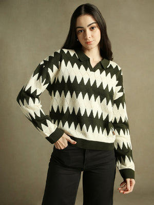 Shirt Collar Striped Dusty Green Full Sleeves Pullover Sweater