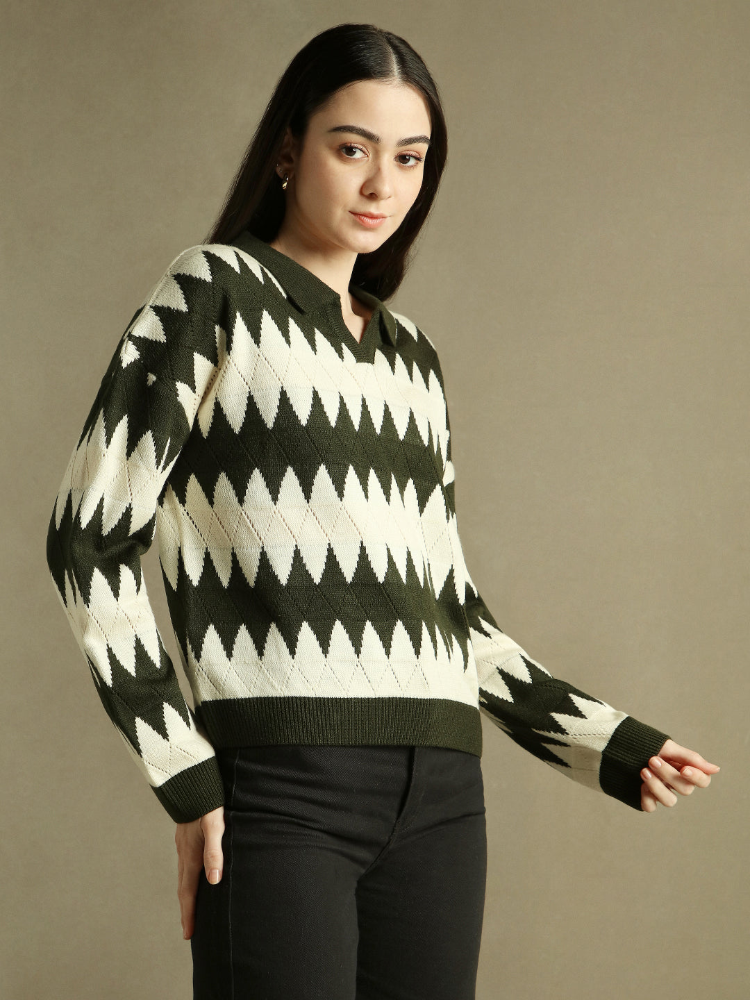 Shirt Collar Striped Dusty Green Full Sleeves Pullover Sweater