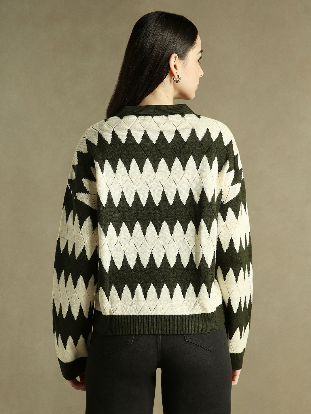 Shirt Collar Striped Dusty Green Full Sleeves Pullover Sweater