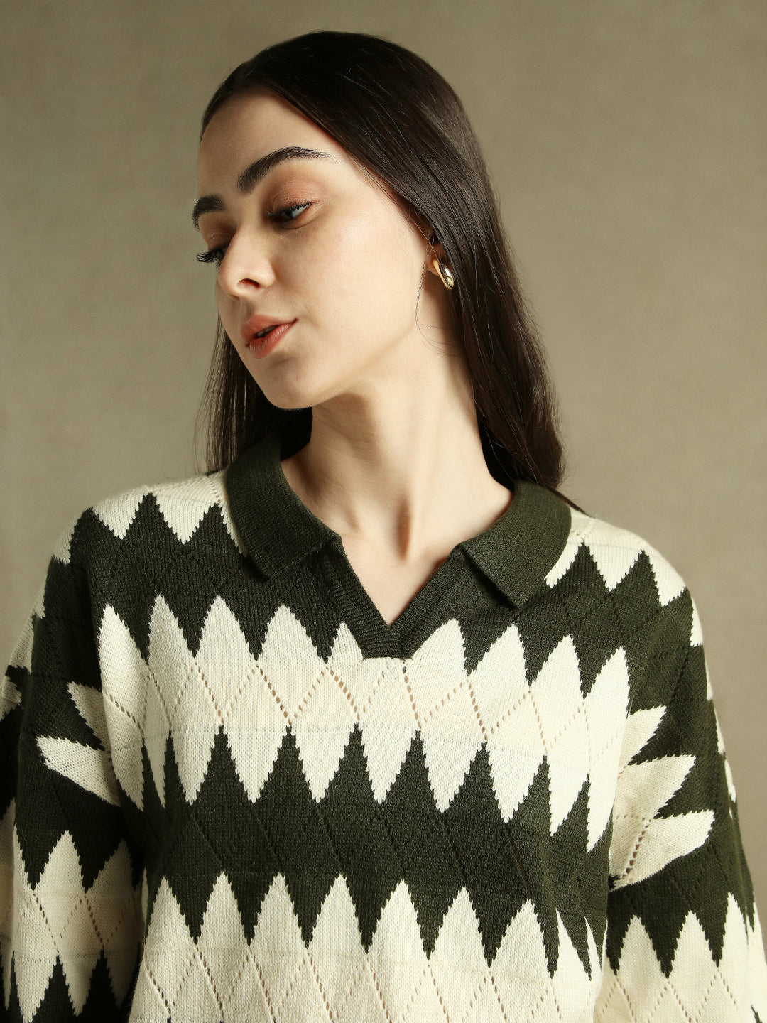 Shirt Collar Striped Dusty Green Full Sleeves Pullover Sweater