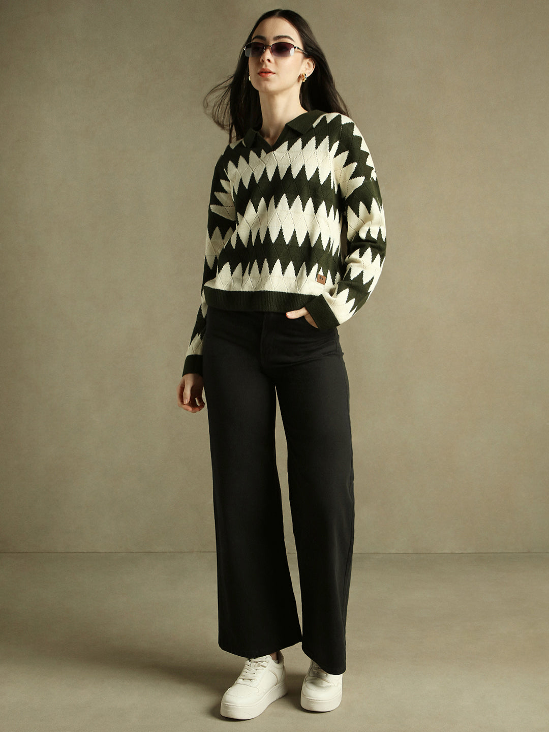 Shirt Collar Striped Dusty Green Full Sleeves Pullover Sweater