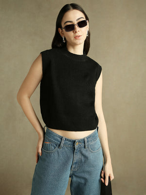 Black Solid Round Neck Sweater Vest