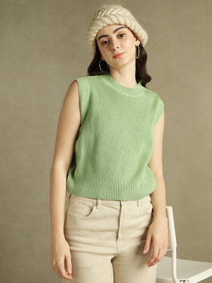 Green Solid Round Neck Sweater Vest