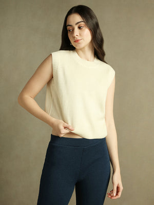 Off White Solid Round Neck Sweater Vest