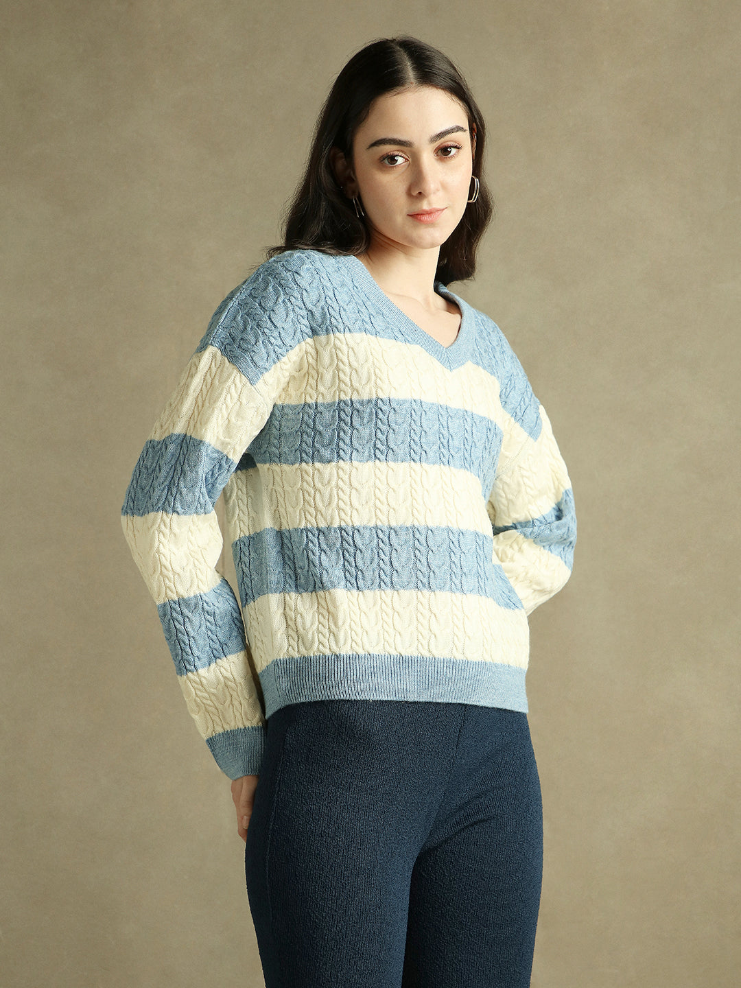 V- Neck Striped Pullover Sweater