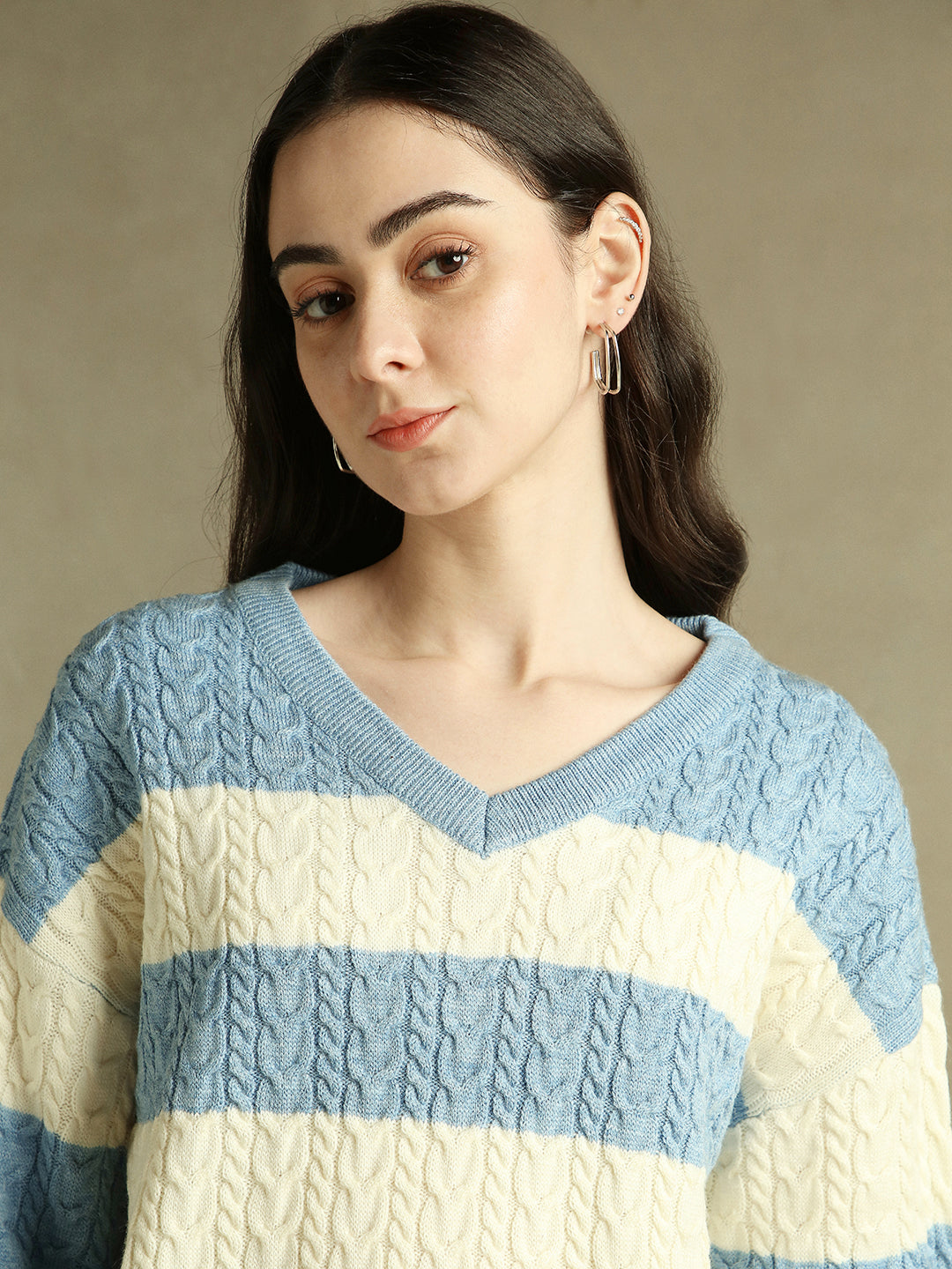 V- Neck Striped Pullover Sweater