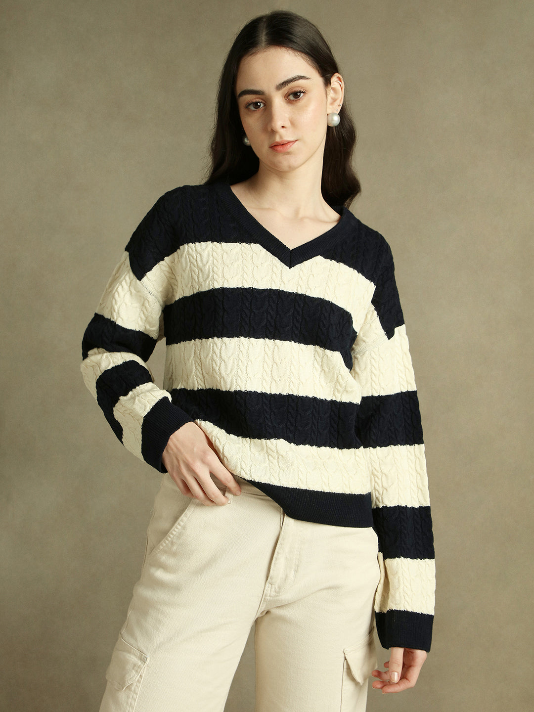 V- Neck Striped Pullover Sweater