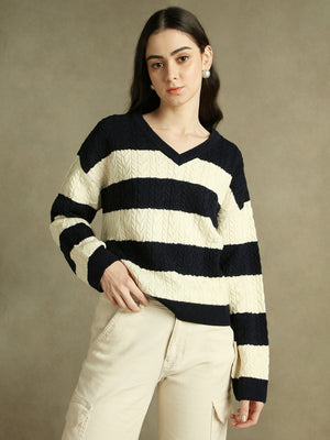 V- Neck Striped Pullover Sweater