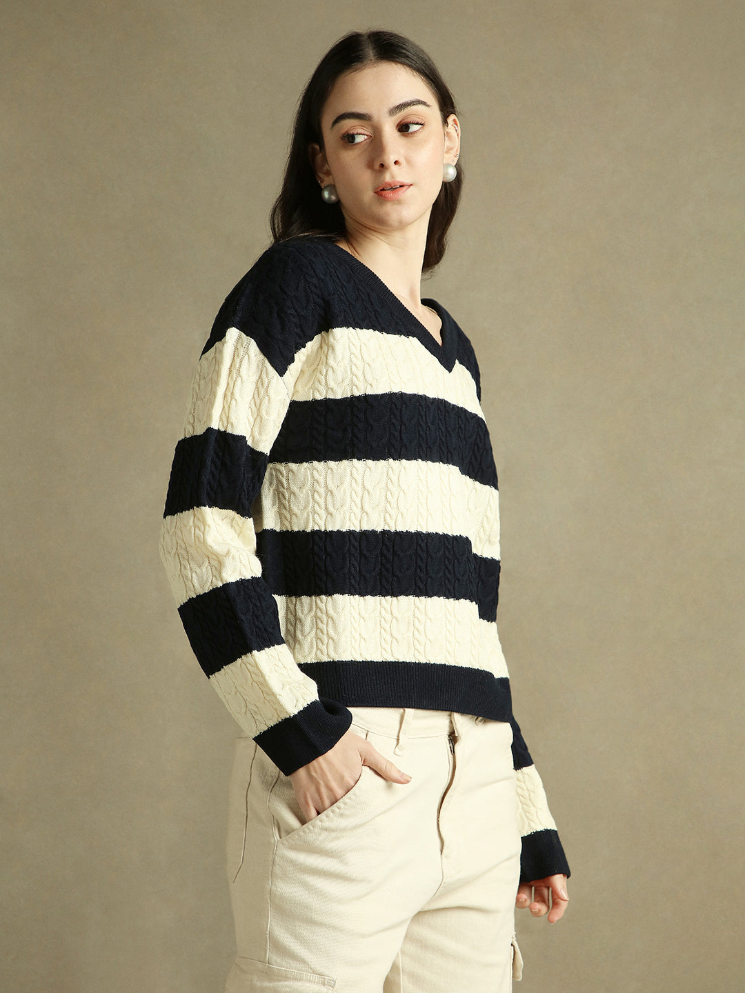 V- Neck Striped Pullover Sweater
