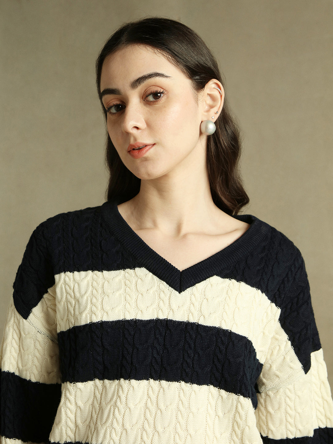 V- Neck Striped Pullover Sweater