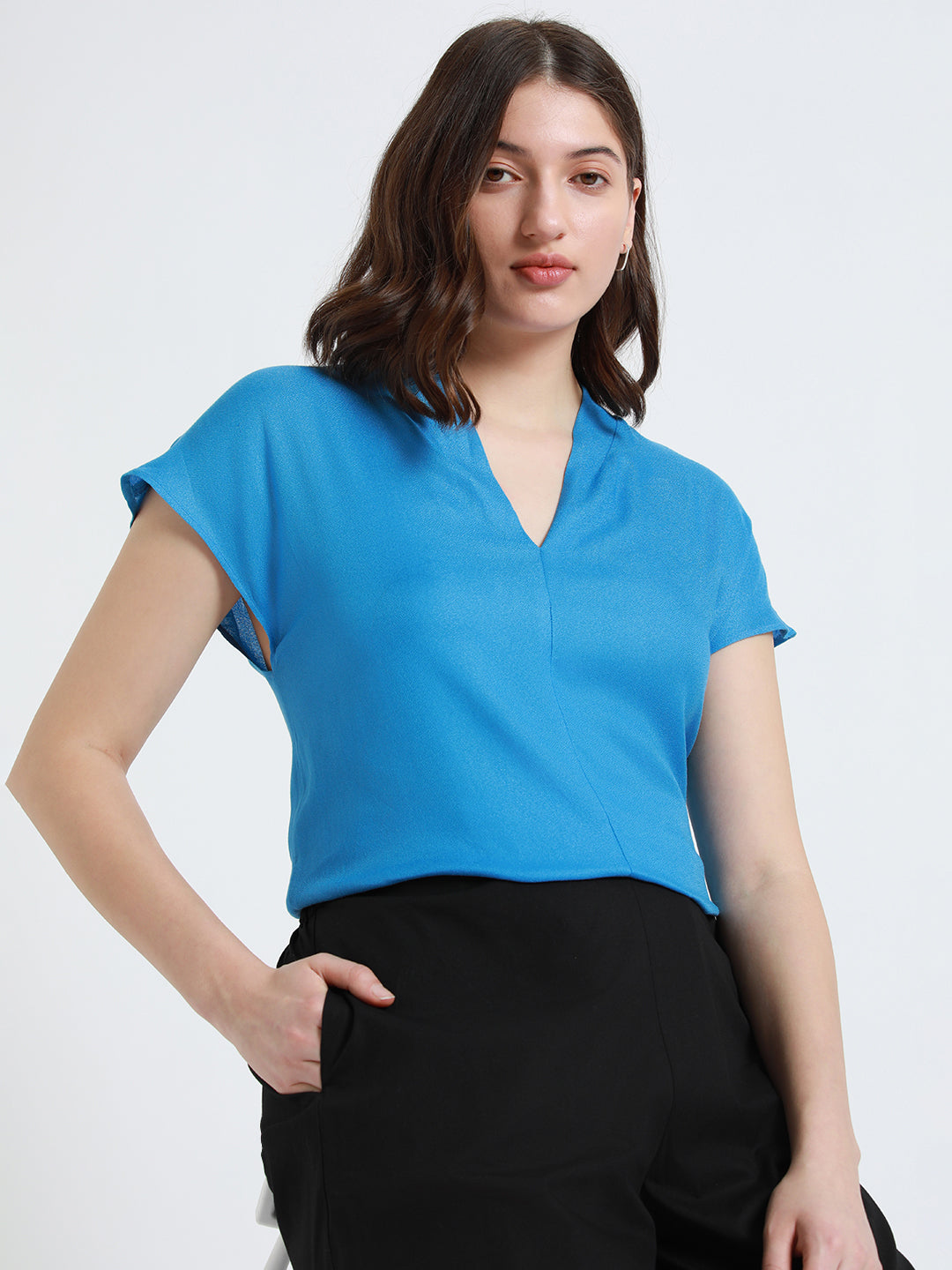 V- Neck Regular Fit Solid Blue Top