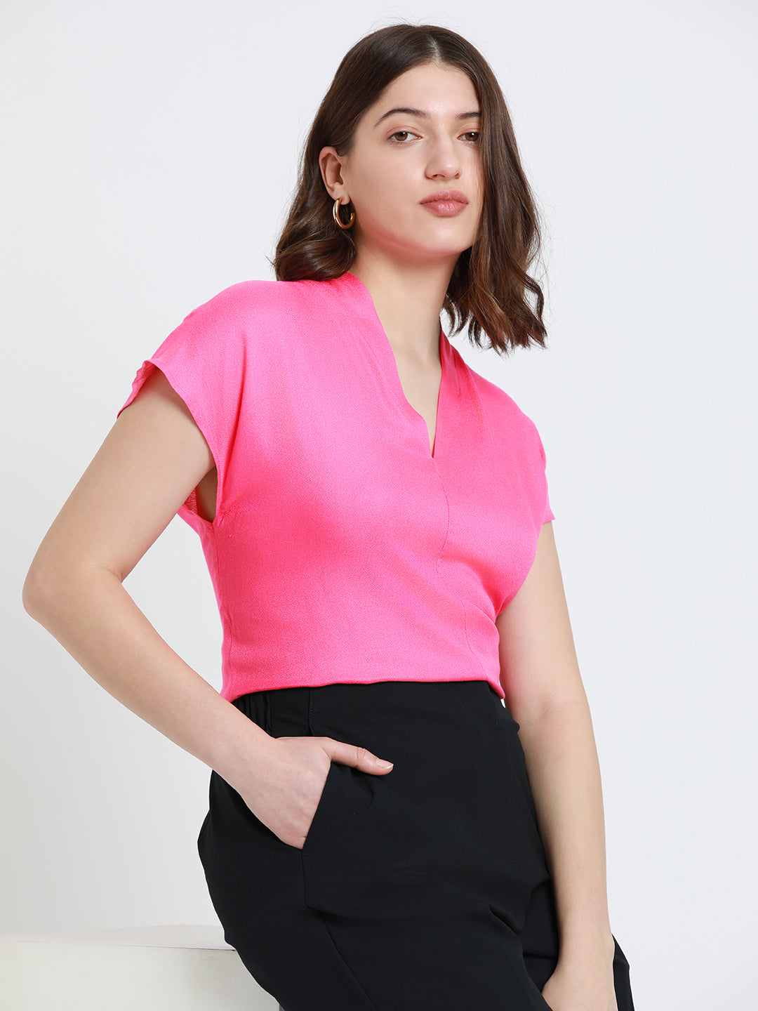 V- Neck Regular Fit Solid Pink Top