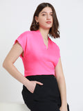 DL Woman V- Neck Regular Fit Solid Pink Top