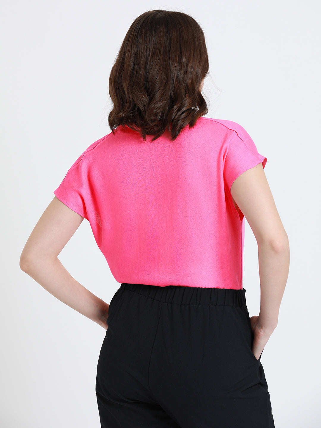 V- Neck Regular Fit Solid Pink Top