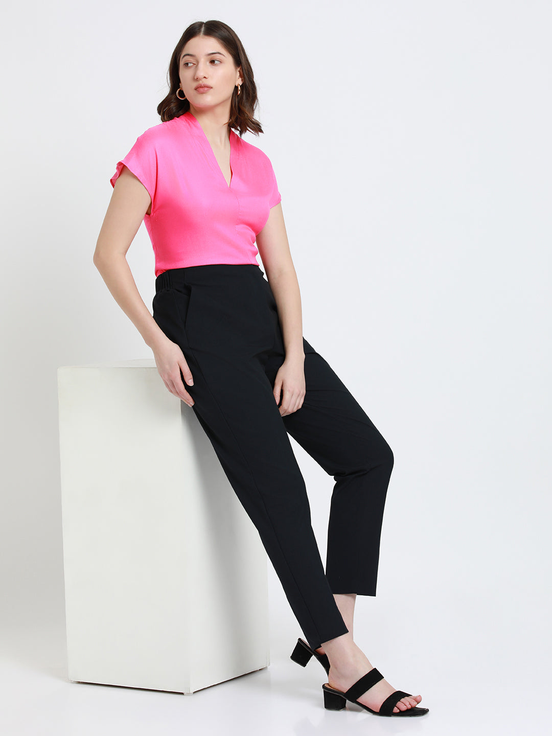 V- Neck Regular Fit Solid Pink Top
