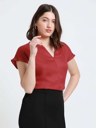 DL Woman V- Neck Regular Fit Solid Red Top