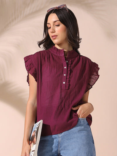 DL Woman Mauve Solid Textured Sleeveless Round Neck Ruffle Top
