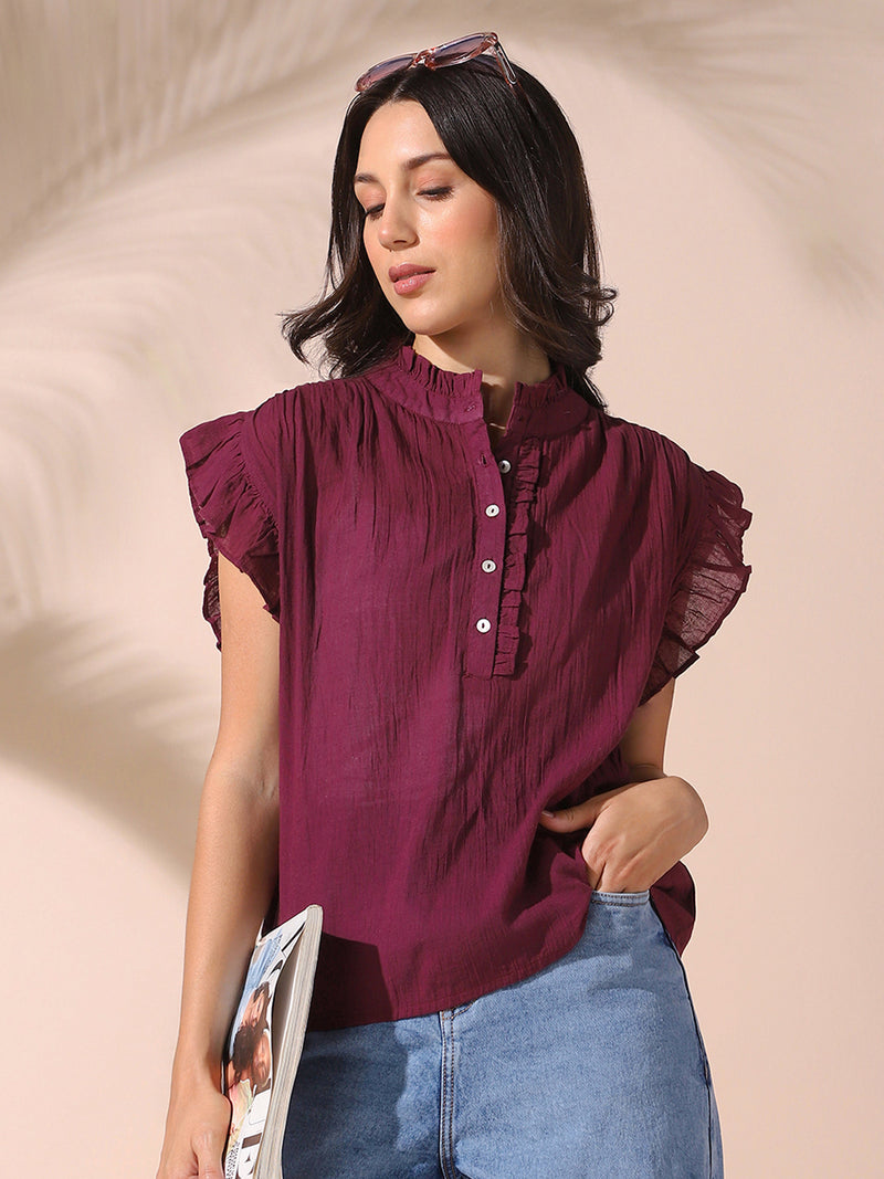DL Woman Mauve Solid Textured Sleeveless Round Neck Ruffle Top